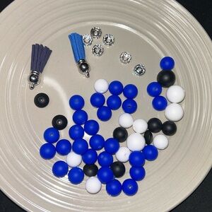 50 Blue, White & Black Round Beads with Tassel Charms